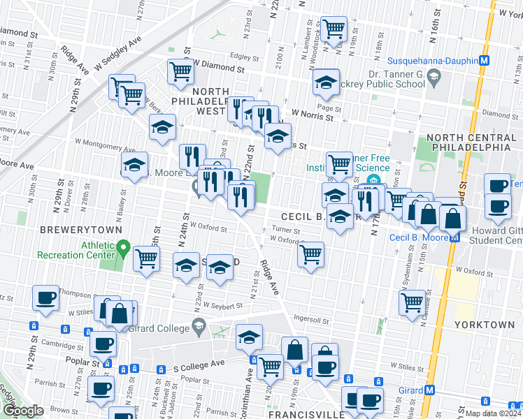 map of restaurants, bars, coffee shops, grocery stores, and more near 2108 Cecil B. Moore Avenue in Philadelphia