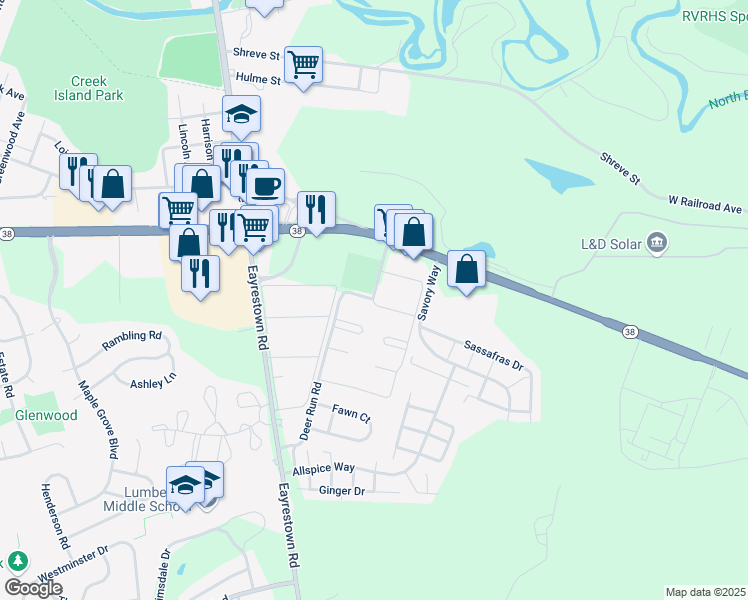 map of restaurants, bars, coffee shops, grocery stores, and more near 607 Holland Place in Lumberton
