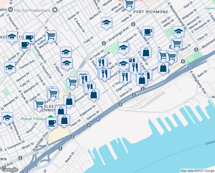 map of restaurants, bars, coffee shops, grocery stores, and more near 2641 East Seltzer Street in Philadelphia