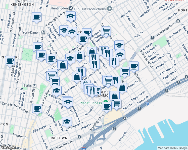 map of restaurants, bars, coffee shops, grocery stores, and more near 2356 East Cumberland Street in Philadelphia
