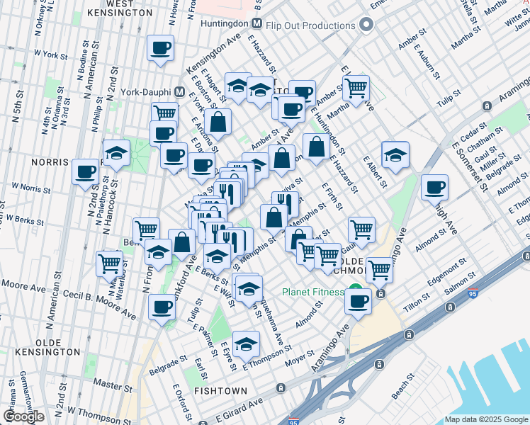 map of restaurants, bars, coffee shops, grocery stores, and more near 2223 East Dauphin Street in Philadelphia