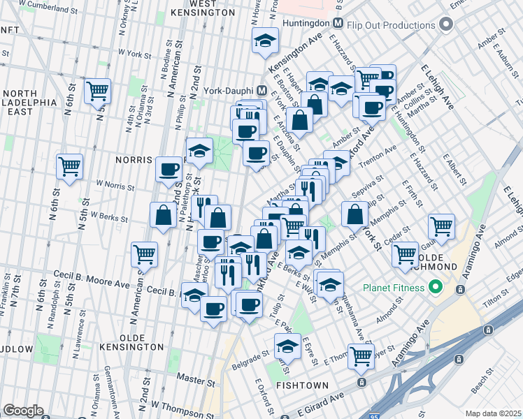 map of restaurants, bars, coffee shops, grocery stores, and more near 2137 East Norris Street in Philadelphia