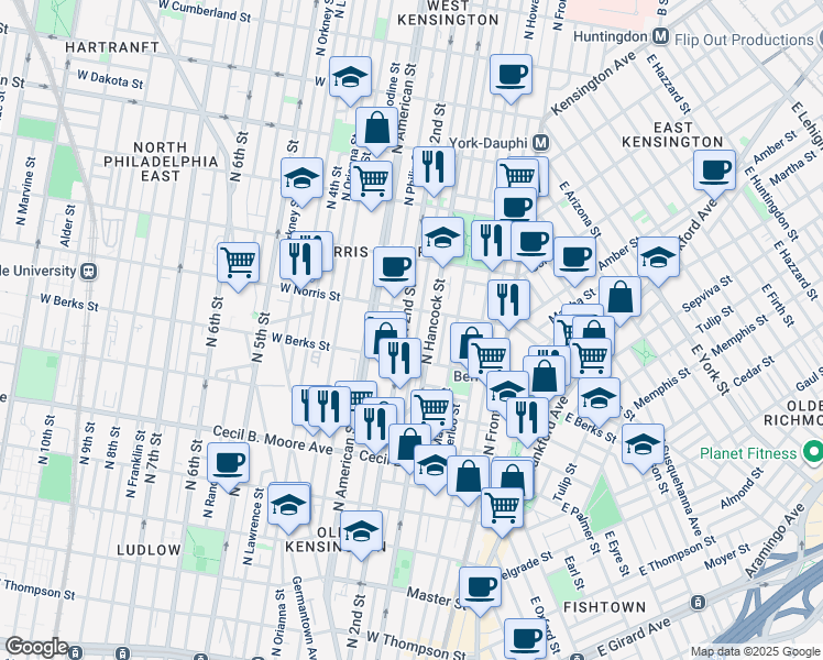 map of restaurants, bars, coffee shops, grocery stores, and more near 1906 North Hancock Street in Philadelphia