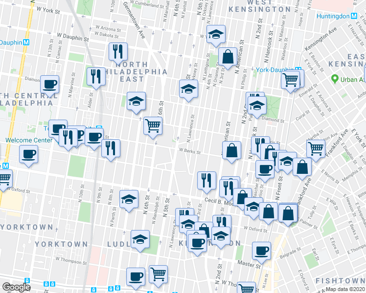 map of restaurants, bars, coffee shops, grocery stores, and more near 1855 North 5th Street in Philadelphia