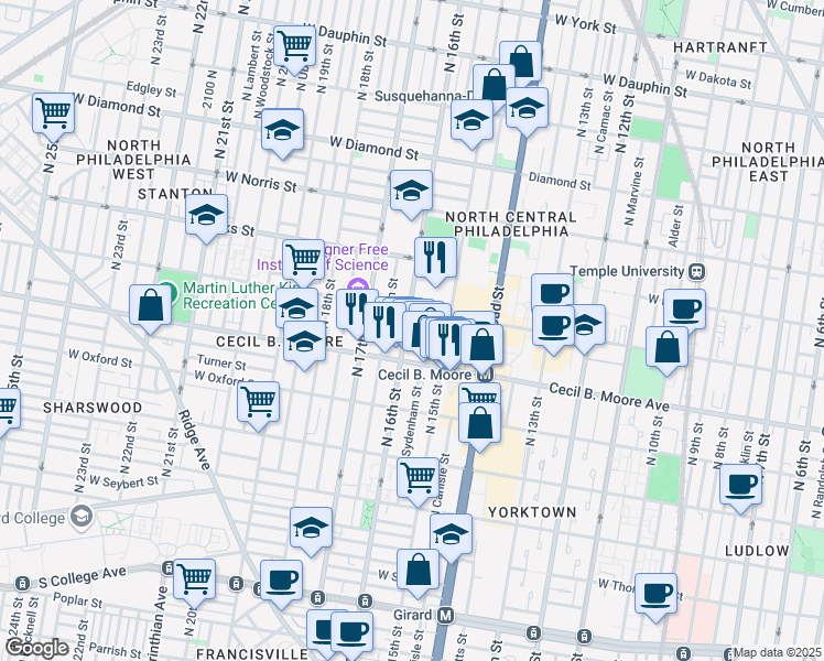 map of restaurants, bars, coffee shops, grocery stores, and more near 1704 North Sydenham Street in Philadelphia