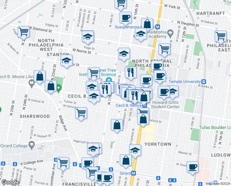 map of restaurants, bars, coffee shops, grocery stores, and more near in Philadelphia