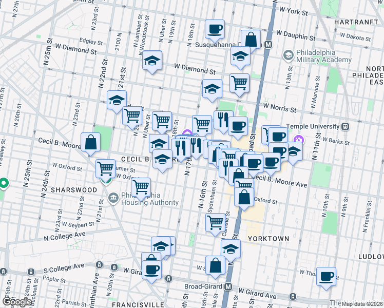 map of restaurants, bars, coffee shops, grocery stores, and more near in Philadelphia