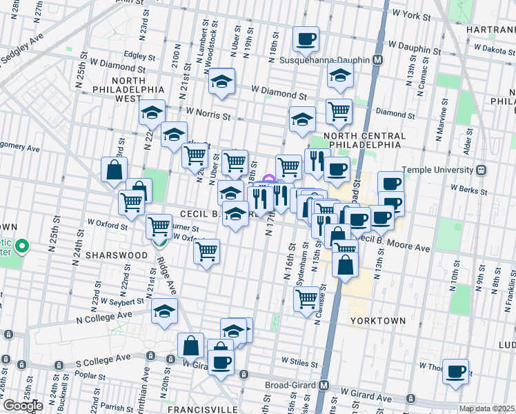 map of restaurants, bars, coffee shops, grocery stores, and more near 1723 Cecil B. Moore Avenue in Philadelphia