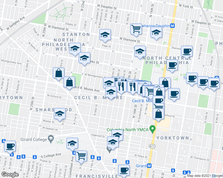 map of restaurants, bars, coffee shops, grocery stores, and more near 1820 Cecil B. Moore Avenue in Philadelphia