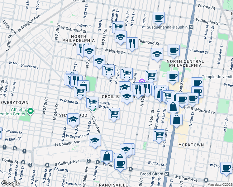 map of restaurants, bars, coffee shops, grocery stores, and more near in Philadelphia