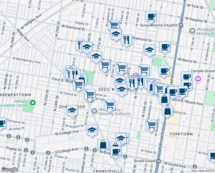map of restaurants, bars, coffee shops, grocery stores, and more near in Philadelphia
