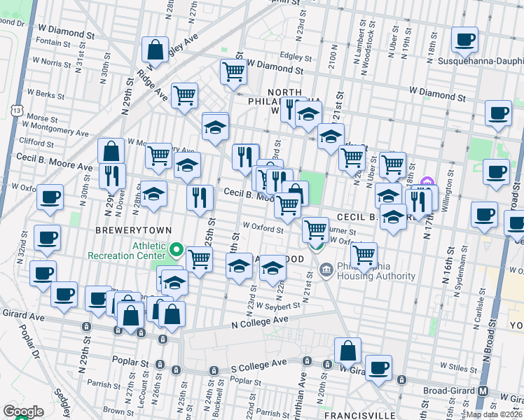 map of restaurants, bars, coffee shops, grocery stores, and more near 2246 Turner Street in Philadelphia