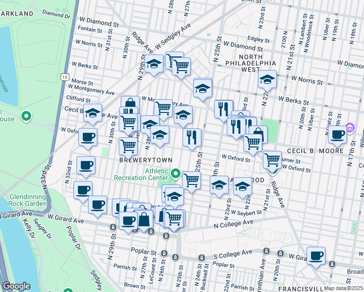 map of restaurants, bars, coffee shops, grocery stores, and more near 1540 North Stillman Street in Philadelphia