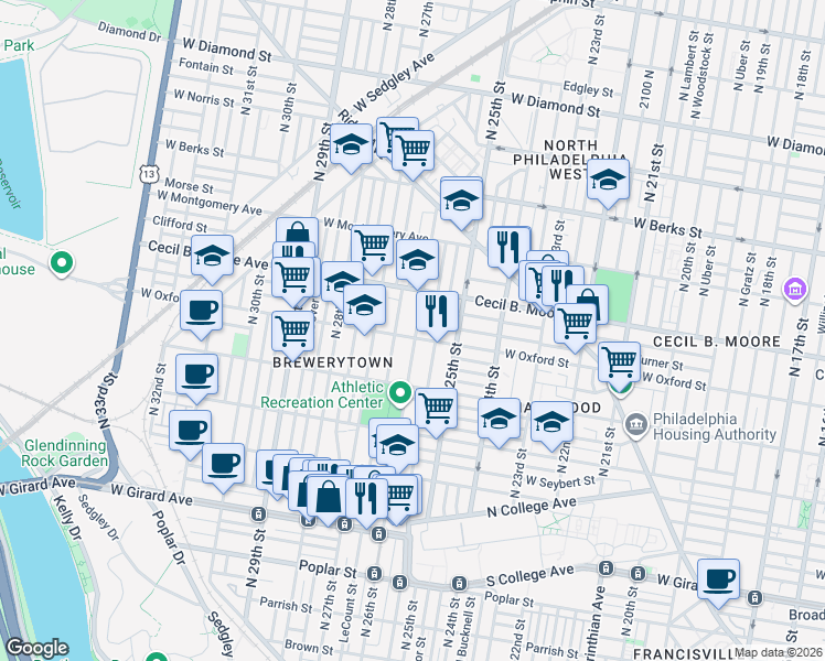 map of restaurants, bars, coffee shops, grocery stores, and more near 1540 North Stillman Street in Philadelphia
