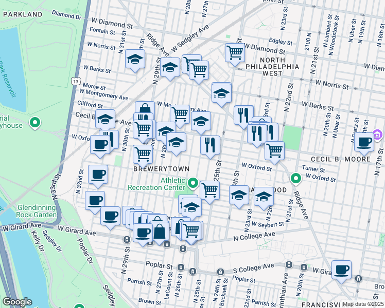 map of restaurants, bars, coffee shops, grocery stores, and more near 1532 North Bailey Street in Philadelphia