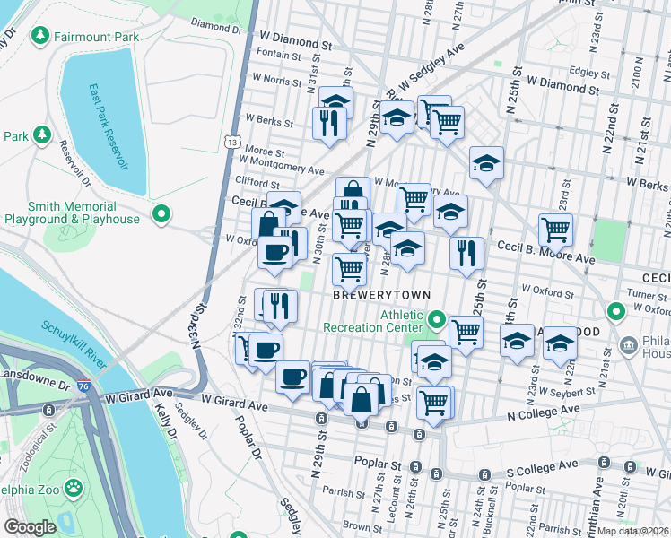 map of restaurants, bars, coffee shops, grocery stores, and more near 1519 North Hollywood Street in Philadelphia