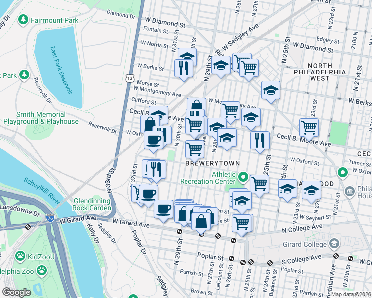 map of restaurants, bars, coffee shops, grocery stores, and more near 1519 North Hollywood Street in Philadelphia
