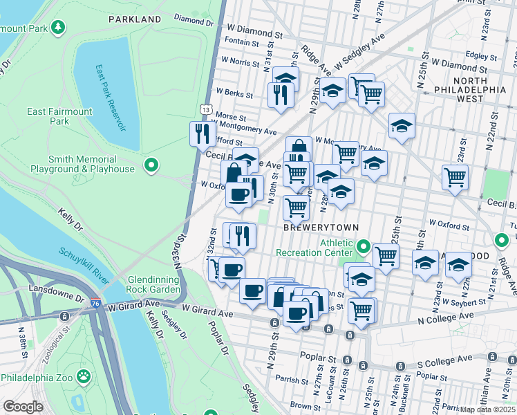 map of restaurants, bars, coffee shops, grocery stores, and more near 3001-15 West Jefferson Street in Philadelphia