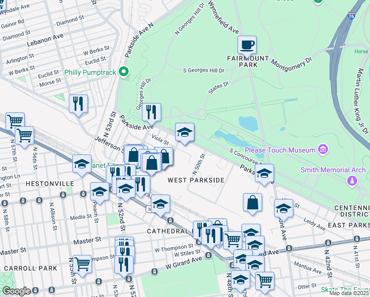 map of restaurants, bars, coffee shops, grocery stores, and more near 1550 North 50th Street in Philadelphia
