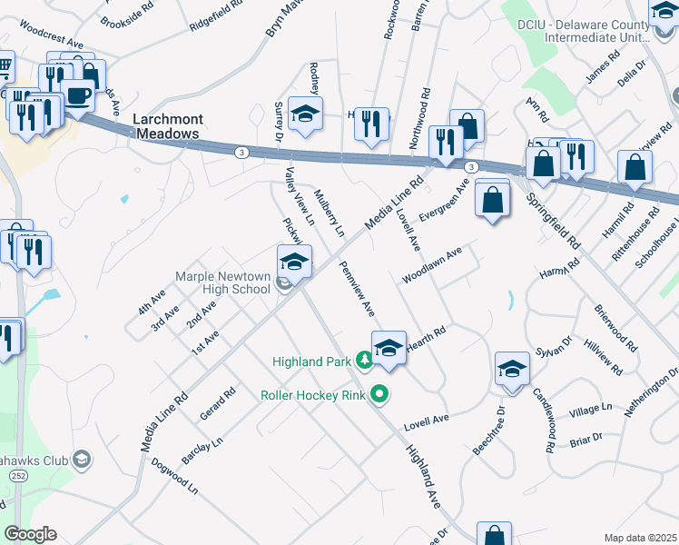 map of restaurants, bars, coffee shops, grocery stores, and more near 2998 Pennview Avenue in Broomall