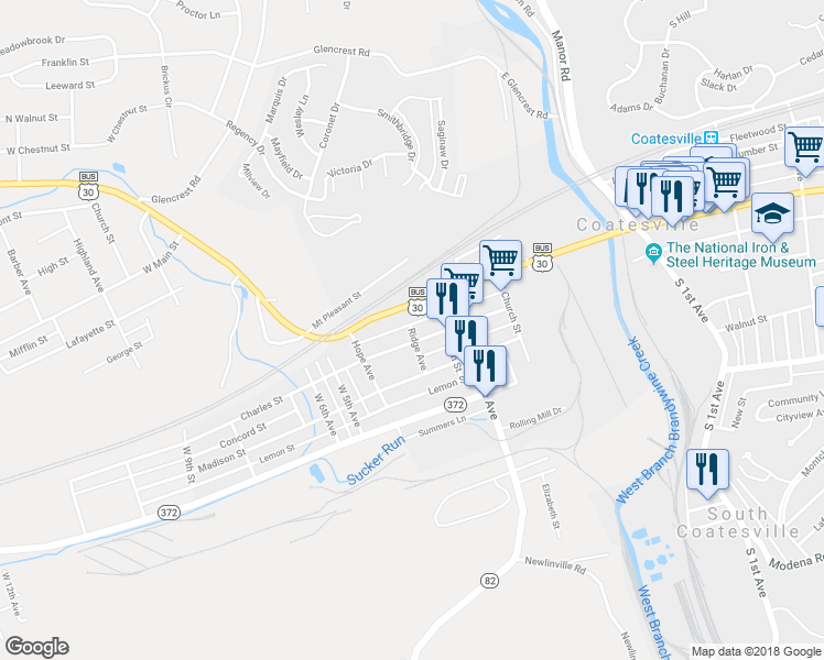 map of restaurants, bars, coffee shops, grocery stores, and more near 350 Charles Street in Coatesville