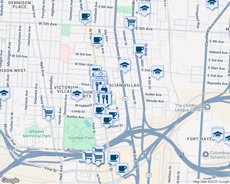 map of restaurants, bars, coffee shops, grocery stores, and more near in Columbus