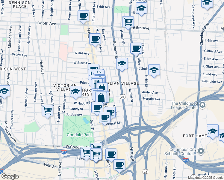 map of restaurants, bars, coffee shops, grocery stores, and more near in Columbus