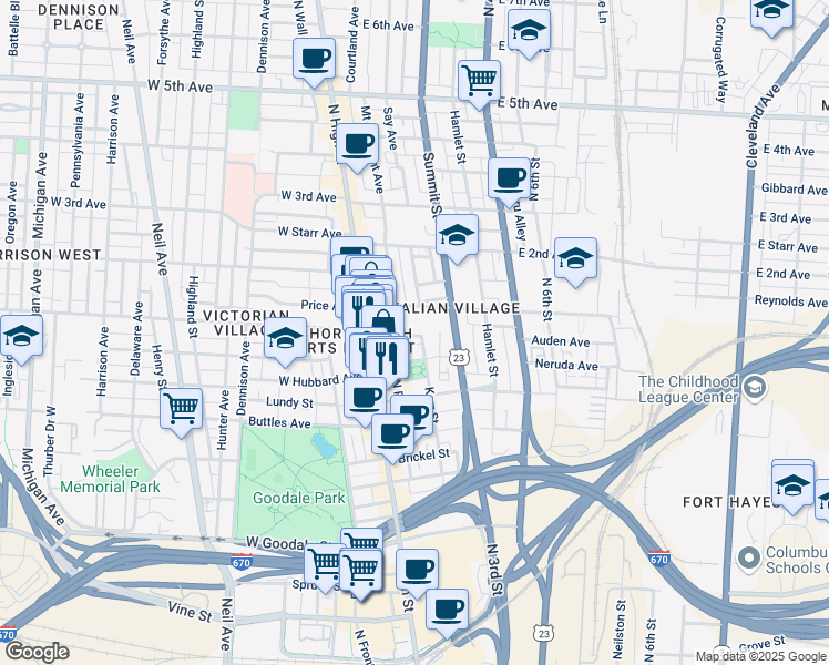 map of restaurants, bars, coffee shops, grocery stores, and more near in Columbus
