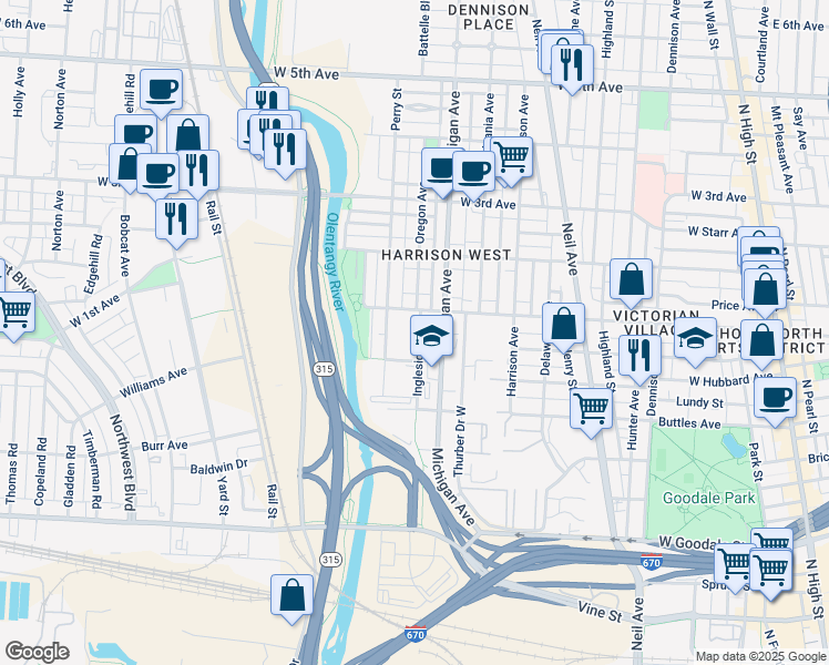 map of restaurants, bars, coffee shops, grocery stores, and more near 909 Michigan Avenue in Columbus