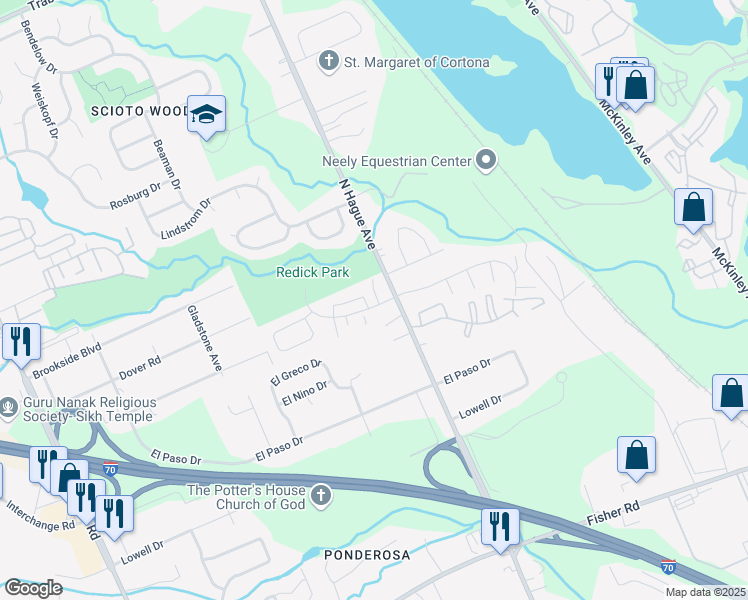 map of restaurants, bars, coffee shops, grocery stores, and more near 3041 La Vista Drive in Columbus