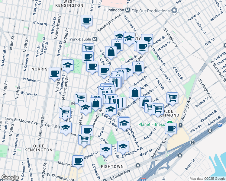 map of restaurants, bars, coffee shops, grocery stores, and more near 2212 Frankford Avenue in Philadelphia