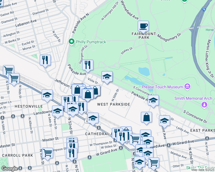 map of restaurants, bars, coffee shops, grocery stores, and more near 5070 Parkside Avenue in Philadelphia