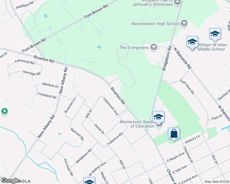map of restaurants, bars, coffee shops, grocery stores, and more near 754 Riverton Road in Moorestown