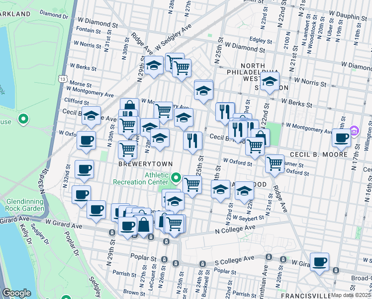 map of restaurants, bars, coffee shops, grocery stores, and more near 1609 North 26th Street in Philadelphia