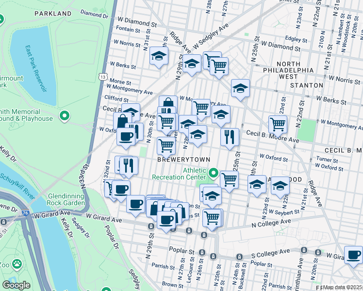 map of restaurants, bars, coffee shops, grocery stores, and more near 2808 West Oxford Street in Philadelphia