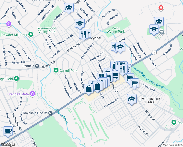 map of restaurants, bars, coffee shops, grocery stores, and more near 26 Henley Road in Wynnewood