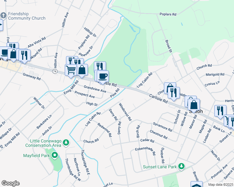 map of restaurants, bars, coffee shops, grocery stores, and more near 2260 Pine Road in York