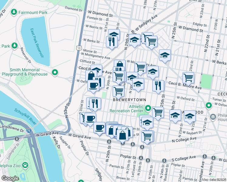 map of restaurants, bars, coffee shops, grocery stores, and more near 1519 North Hollywood Street in Philadelphia