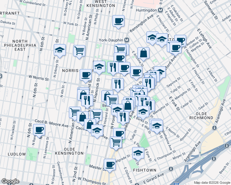 map of restaurants, bars, coffee shops, grocery stores, and more near 1936 North Front Street in Philadelphia
