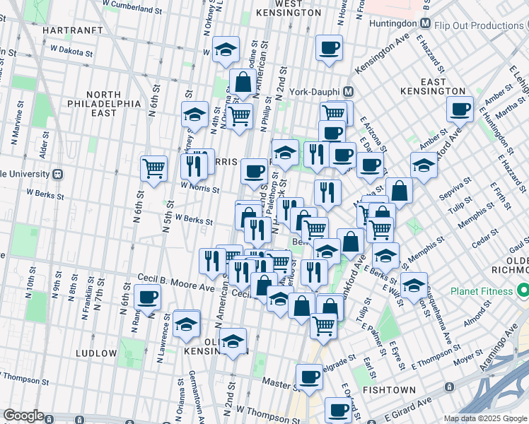 map of restaurants, bars, coffee shops, grocery stores, and more near 1935 North 2nd Street in Philadelphia