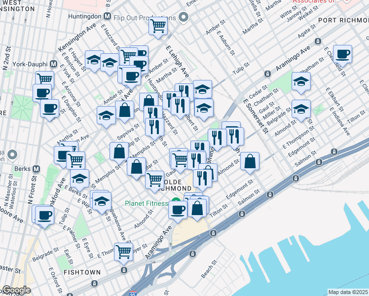 map of restaurants, bars, coffee shops, grocery stores, and more near 2404 East Hazzard Street in Philadelphia