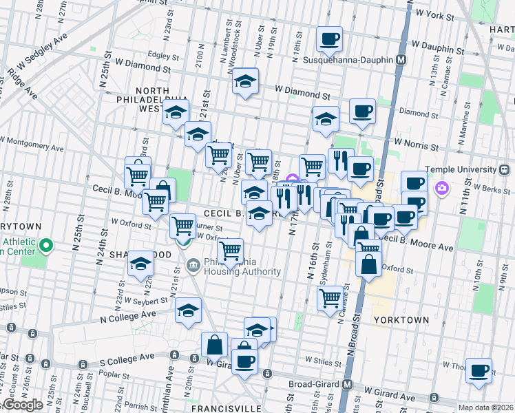 map of restaurants, bars, coffee shops, grocery stores, and more near 1700 North Gratz Street in Philadelphia