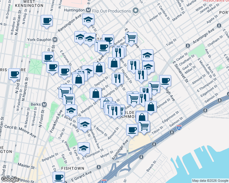 map of restaurants, bars, coffee shops, grocery stores, and more near 2465 Memphis Street in Philadelphia