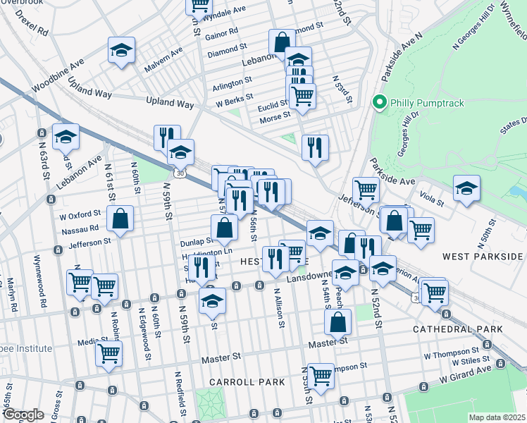 map of restaurants, bars, coffee shops, grocery stores, and more near 5514 Lancaster Avenue in Philadelphia