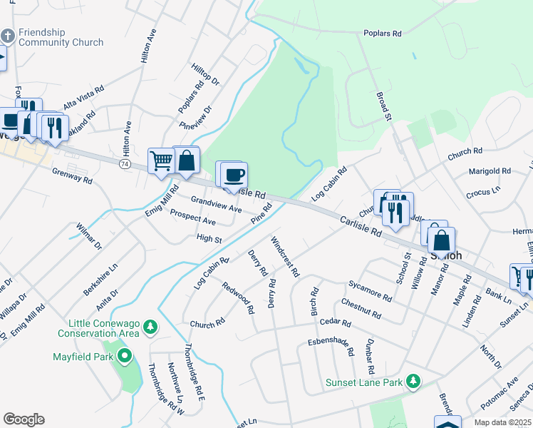 map of restaurants, bars, coffee shops, grocery stores, and more near 2260 Pine Road in York