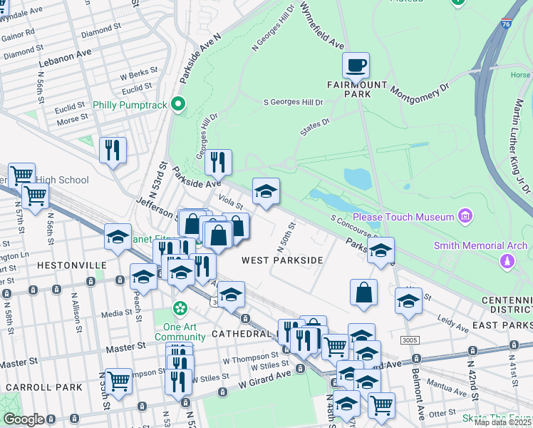 map of restaurants, bars, coffee shops, grocery stores, and more near 5070 Parkside Avenue in Philadelphia