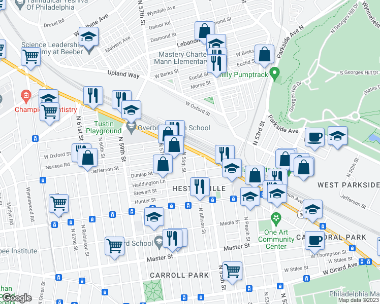 map of restaurants, bars, coffee shops, grocery stores, and more near 5516 Lancaster Avenue in Philadelphia