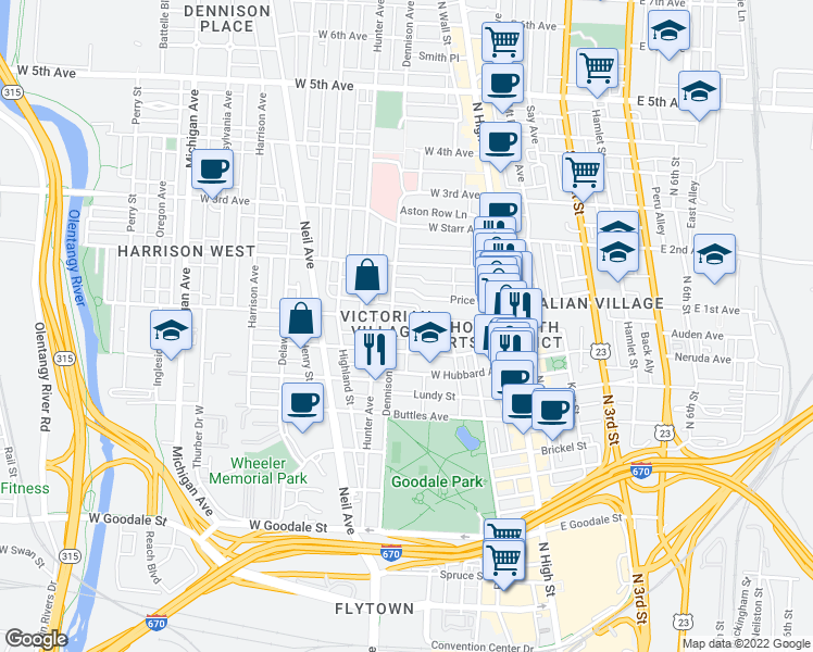 map of restaurants, bars, coffee shops, grocery stores, and more near 145 West 1st Avenue in Columbus