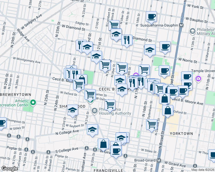 map of restaurants, bars, coffee shops, grocery stores, and more near in Philadelphia