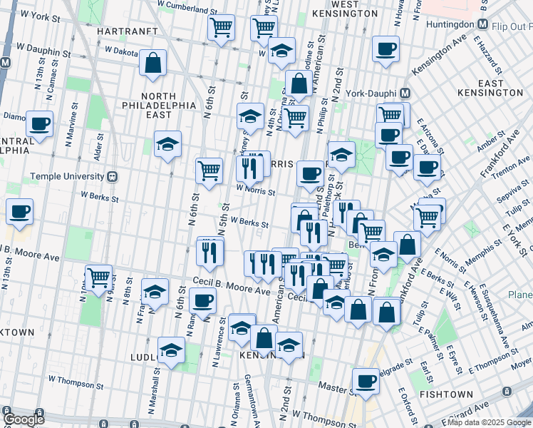 map of restaurants, bars, coffee shops, grocery stores, and more near 1921 North Orianna Street in Philadelphia